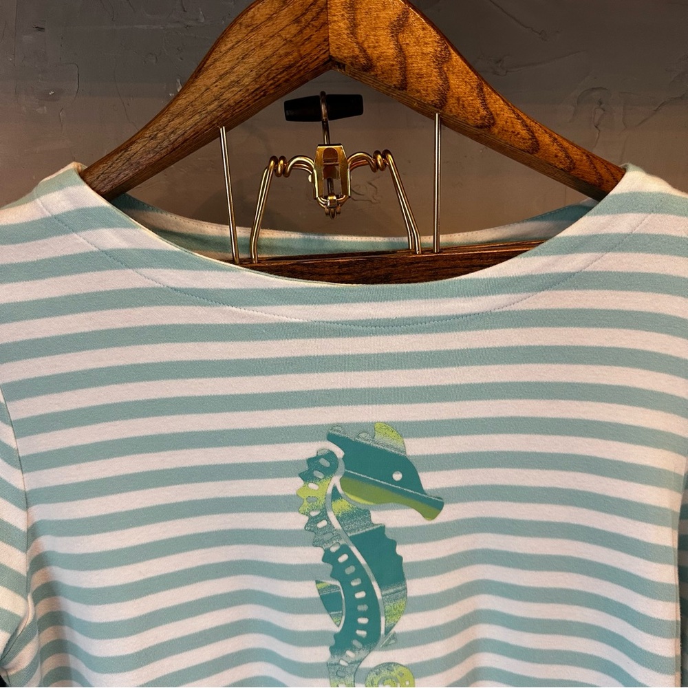 APPLESEED'S Womens Blue Stripe Seahorse‎ Graphic Top Nautical Coast Cotton sz L - Picture 4 of 10